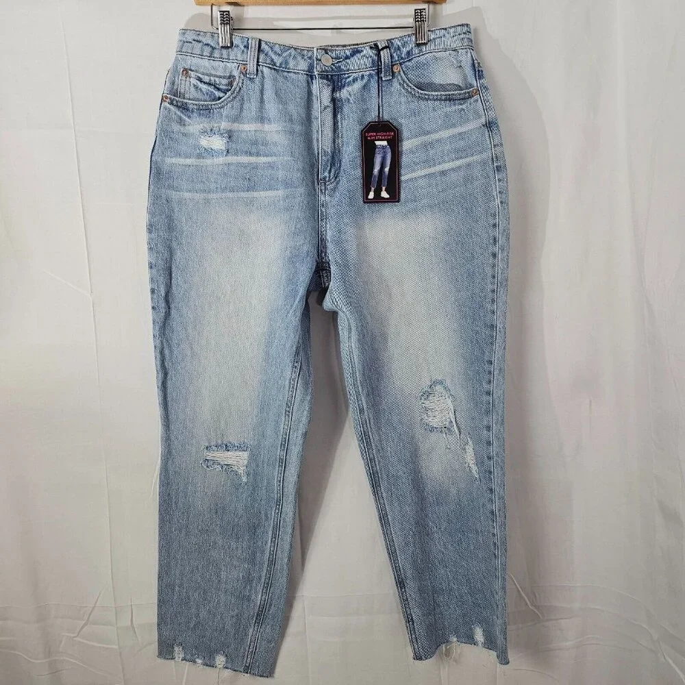 NWT No Boundaries Jeans Juniors 13 Super High Rise Slim Straight Raw Hem Denim - Picture 1 of 11